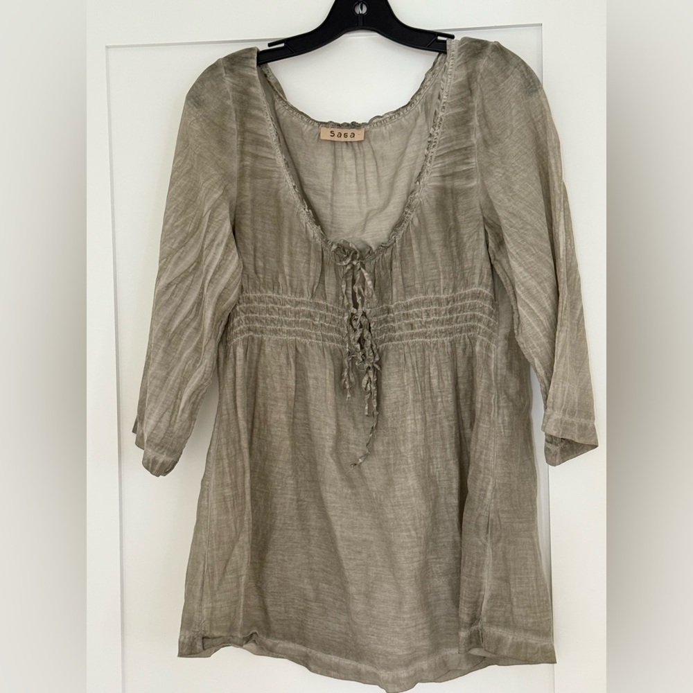 Saga gray sheer cotton + silk peasant blouse  (size 3)